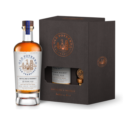 A bottle of Old Potrero Hotaling's Bottle in Bond 13 Year Old Whiskey stands next to its black box with gold and white accents, featuring the Old Potrero Whiskey San Francisco logo—an exceptional release for Bottled in Bond enthusiasts.
