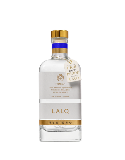 The LALO Tequila Blanco High Proof 2025 Limited Edition by LALO Spirits is an additive-free tequila in a clear bottle with a gold cap, white label with gold accents, a cream HIGH PROOF 50% ALC/VOL 100 PROOF tag, and clear liquid inside.