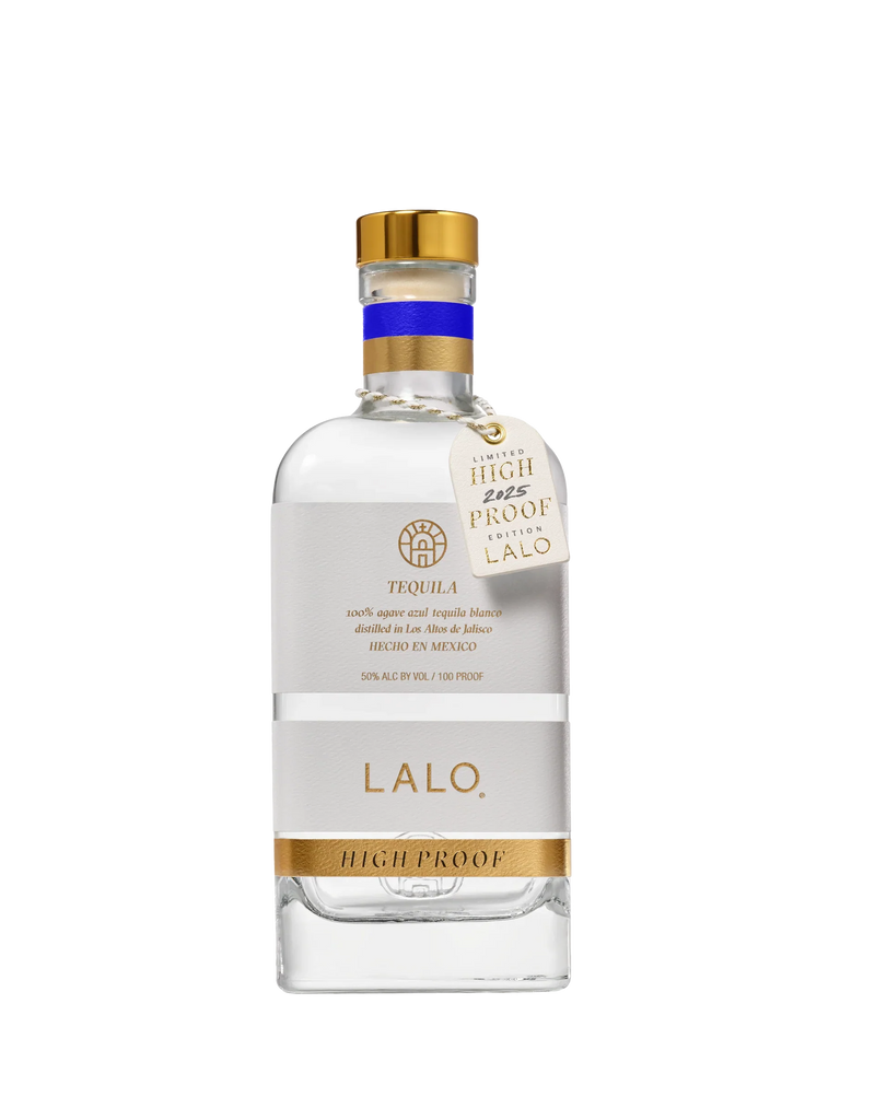 The LALO Tequila Blanco High Proof 2025 Limited Edition by LALO Spirits is an additive-free tequila in a clear bottle with a gold cap, white label with gold accents, a cream HIGH PROOF 50% ALC/VOL 100 PROOF tag, and clear liquid inside.