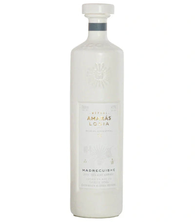 A white bottle of Amaras Mezcal Joven Reserva Especial Madrecuishe C2 700mL, featuring minimalistic embossed designs and gold and gray text on the label.
