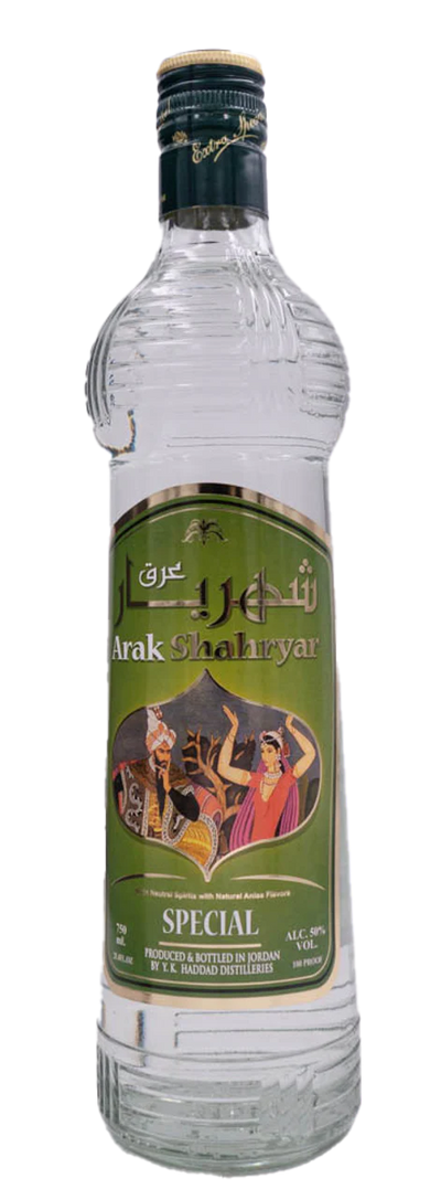 A clear 750 ml bottle of Arak Shahryar Special, a traditional anise-flavored spirit from Arak Shahryar, features a green label with Arabic and English text and an illustration of two people in traditional attire. 46% alcohol by volume.