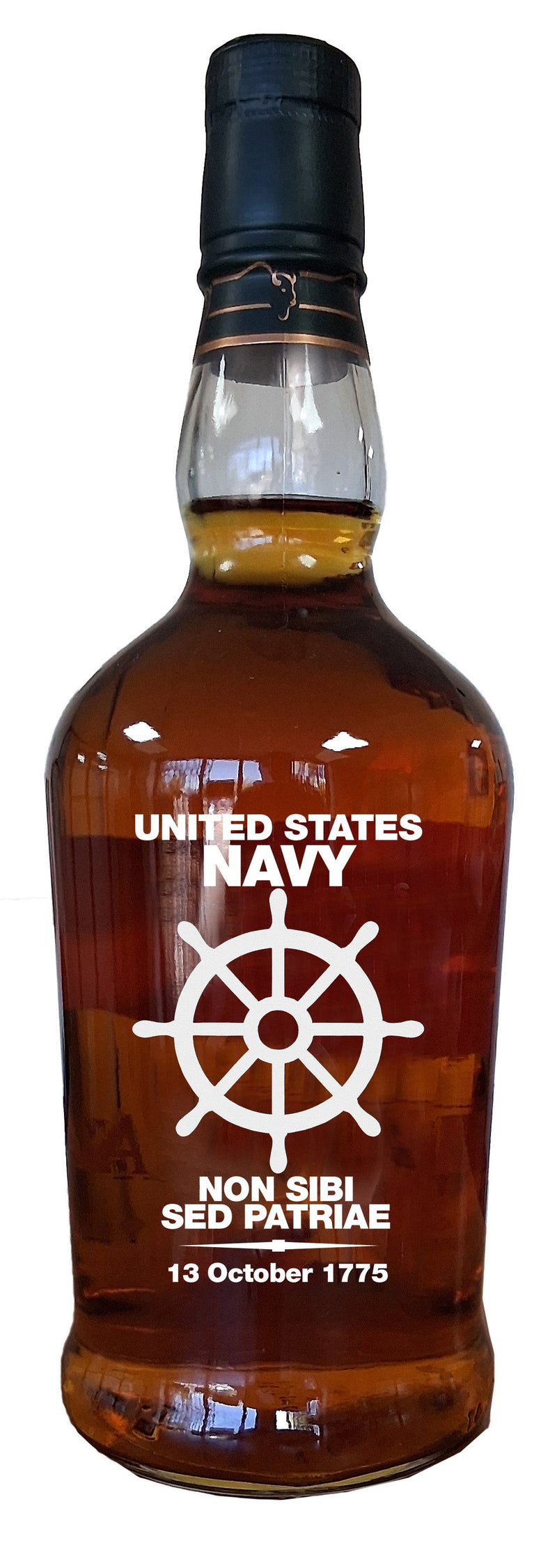 The Memory Bottles United States Navy Anniversary Bottle Limited Edition features an etched Kentucky Straight Bourbon Whiskey bottle with a white ship’s wheel, the motto “NON SIBI SED PATRIAE,” and the date “13 October 1775.”.