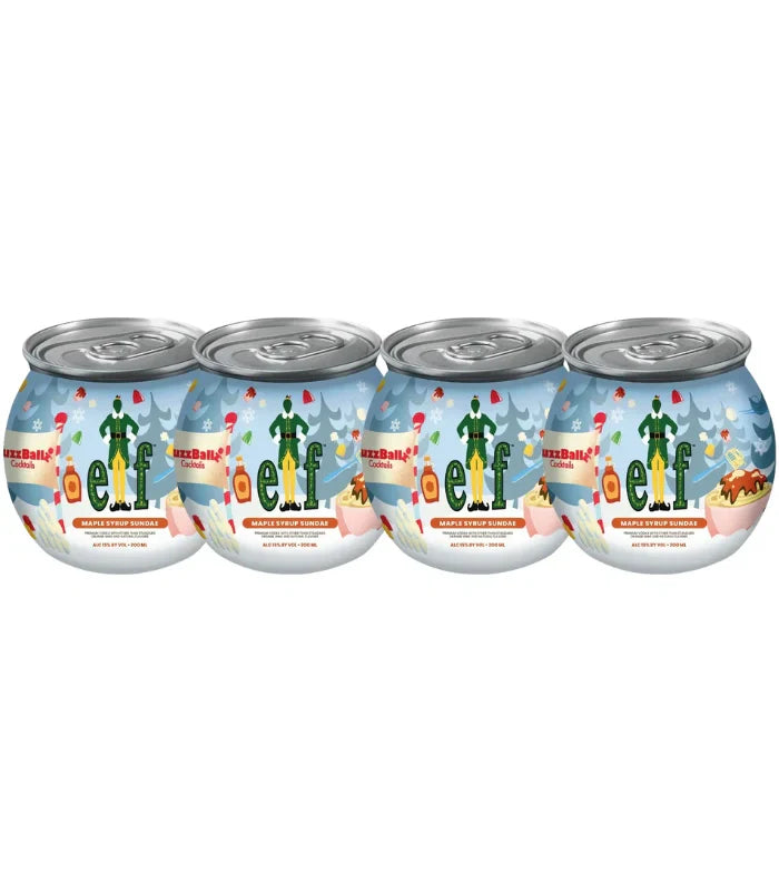 A 4-pack of Buzzballz Elf Maple Syrup Sundae Pre-Mixed Cocktails, featuring festive winter cans with green "elf" lettering, an elf character, snow, and holiday graphics, all arranged side by side.