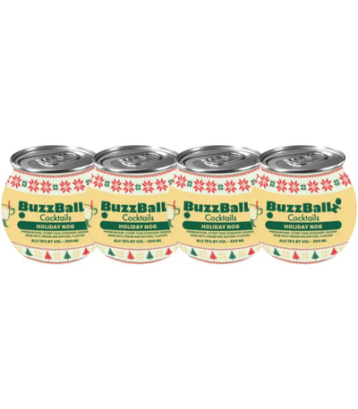 Four cans of Buzzballz Holiday Nog Pre-Mixed Cocktails 4-Pack are arranged in a row, showcasing festive red and green holiday-themed packaging on a light yellow background.