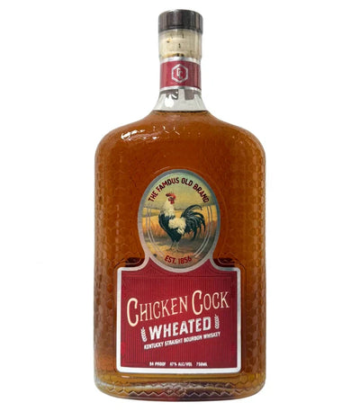 A 750mL bottle of Chicken Cock Wheated Kentucky Straight Bourbon Whiskey (47% ABV), featuring a red label with a rooster illustration and "The Famous Old Brand, Est. 1856.