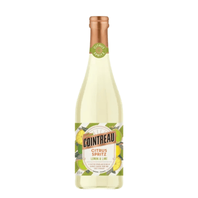 Cointreau Citrus Spritz Lemon & Lime by Cointreau comes in a pale yellow beverage, with a copper-colored cap and a label featuring green leaves and citrus fruit illustrations.