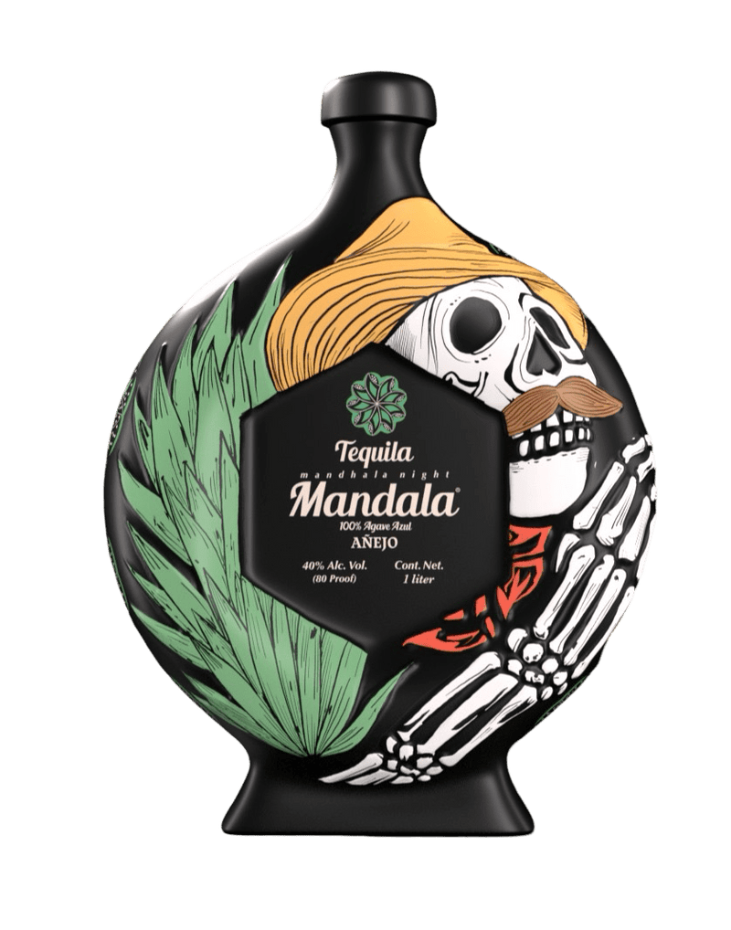 Mandala Tequila Anejo 2025 Edition bottle art featuring a skeleton and agave design for Dia de los Muertos.