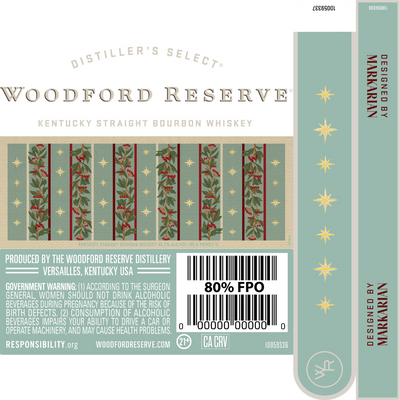 A label for the Woodford Reserve Holiday Edition Bourbon 2025 “Designed by Markarian” 3 Pack features vertical green and red holiday stripes with gold stars, holly, berries, product info, warnings, and design credit to Markarian.