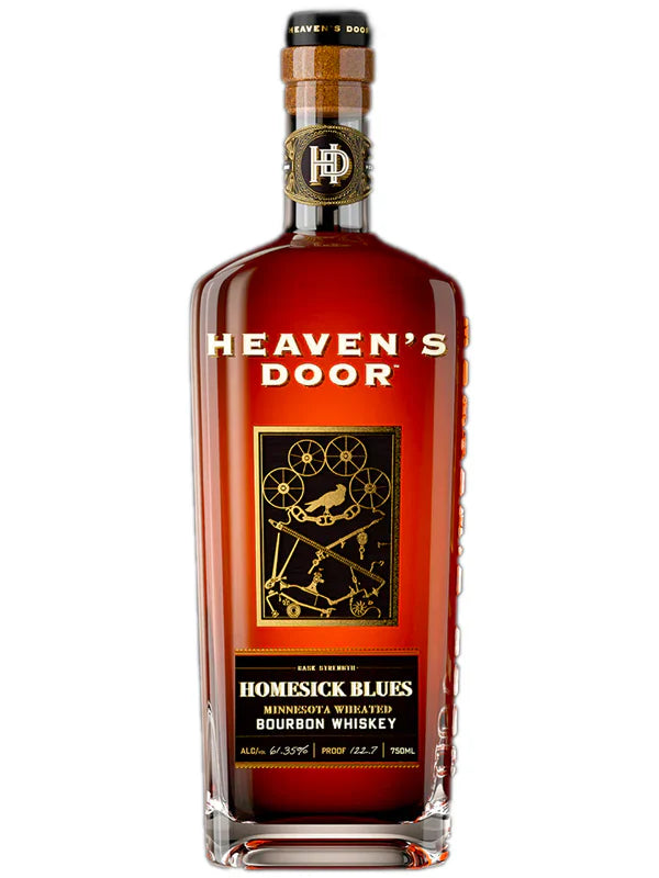 A bottle of Heaven’s Door Homesick Blues Minnesota Wheated Bourbon Whiskey, featuring a copper cap, gold gears design, and a bold label displaying the Heaven&