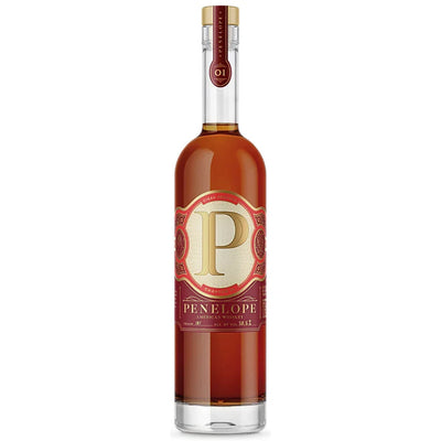 The Penelope Cigar Series Chapter 01 Limited Release American Whiskey from Penelope Bourbon features a tall, clear bottle with gold and red accents—a perfect limited edition for American whiskey lovers and ideal for pairing with cigars.