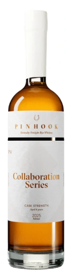 A bottle of Pinhook Bourbon Collaboration Series No. 4 Cask Strength Kentucky Straight Rye Whiskey, featuring a white and gold label with black and gold text and a white cap.