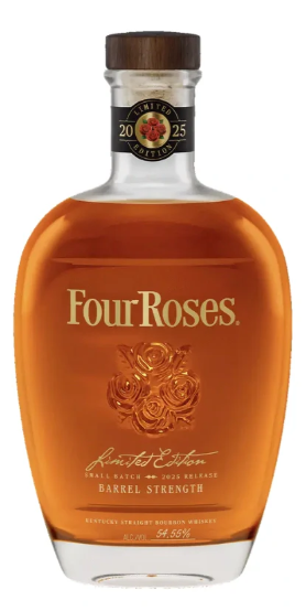 A bottle of Four Roses Limited Edition 2025 Small Batch Bourbon, featuring a clear glass bottle with a wooden cap and gold lettering on the front.