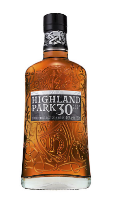 A bottle of Highland Park 30 Year Old Single Malt Scotch Whisky, featuring ornate embossed glass designs and a bold black and silver label.