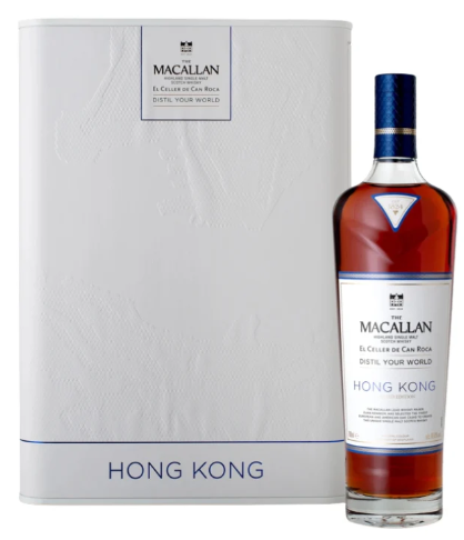 A bottle of The Macallan Hong Kong Edition – Limited Edition Highland Single Malt Scotch Whisky 700ml by The Macallan stands beside its white rectangular box, embossed with bold blue "HONG KONG" at the base.