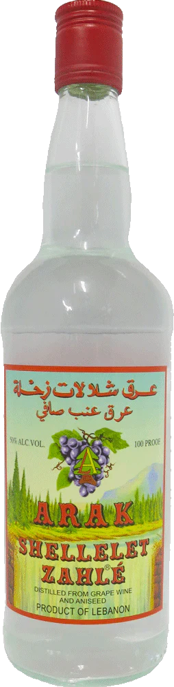 A clear glass bottle of Arak Shellelet Zahle, an anise-flavored Lebanese spirit by Arak Shellelet, features Arabic and English text, grape imagery, and indicates 50% alcohol by volume (100 proof).