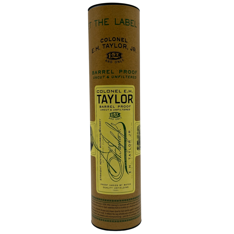 A cylindrical brown container with a yellow label for Colonel E.H. Taylor, Jr. Barrel Proof Bourbon Batch 14 127.4 Proof, showcasing the Colonel E.H. Taylor brand and product details.