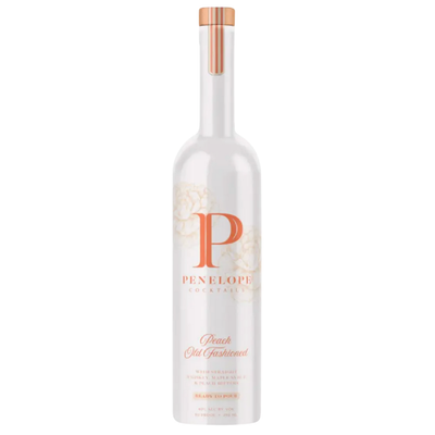 A tall white bottle with floral accents, a copper-toned cap, and elegant script displays Penelope Peach Old Fashioned by Penelope Bourbon—a ready-to-pour cocktail capturing the essence of their bourbon.