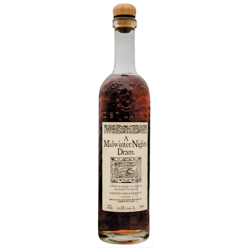 A bottle of High West A Midwinter Night’s Dram Act 13 Scene 6 Rye Whiskey Limited Engagement by High West Distillery, featuring a wooden cork, cream label with black text, and containing dark amber whiskey.