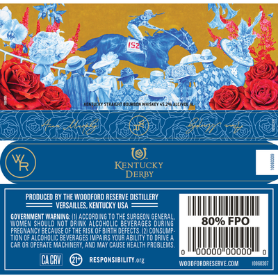 The Woodford Reserve Kentucky Derby 152 Edition 1L whiskey label features red roses, blue and white horses with jockeys, stylized leaves, and the Woodford Reserve logo. Text includes a government warning, barcode, and 80% FPO box.