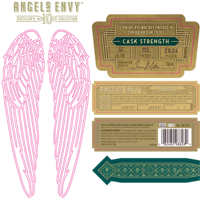 A set of Angel’s Envy Rye Cask Strength Caribbean Rum Cask Finish 2026 labels features gold and green designs, a barcode, stylized text, and large pink outlined angel wings—highlighting this special release from Angel’s Envy.