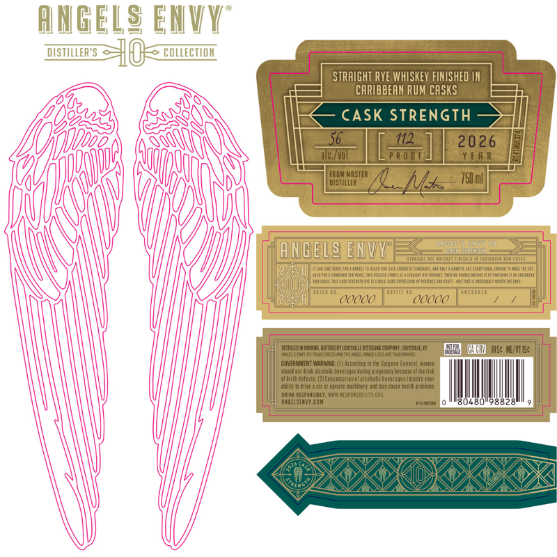 A set of Angel’s Envy Rye Cask Strength Caribbean Rum Cask Finish 2026 labels features gold and green designs, a barcode, stylized text, and large pink outlined angel wings—highlighting this special release from Angel’s Envy.
