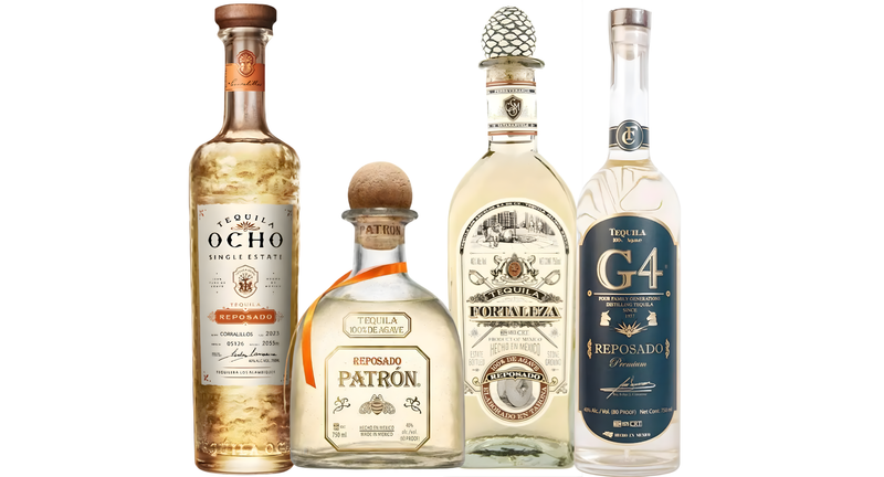 Four bottles of tequila—Tequila Ocho, Fortaleza, G4, and Patrón—are displayed side by side as the Additive-Free Tequila Reposado Bundle from Main Street Liquor, each featuring distinct labels and unique bottle shapes.