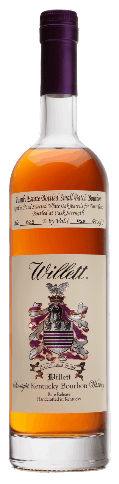 A 750ml bottle of Willett Family Estate Small Batch Bourbon 4 Year Cask Strength by Willett Distillery, featuring a cream label, purple wax seal, detailed family crest, and rich amber bourbon inside.
