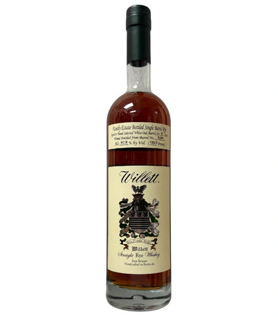 A tall bottle of Willett Family Estate 11 Year Single Barrel Rye #6219 "Whatcha Gonna Do, Brother!" (135.6 proof) from Willett Distillery features a black cap, cream label, family crest, and rich amber Kentucky rye inside.