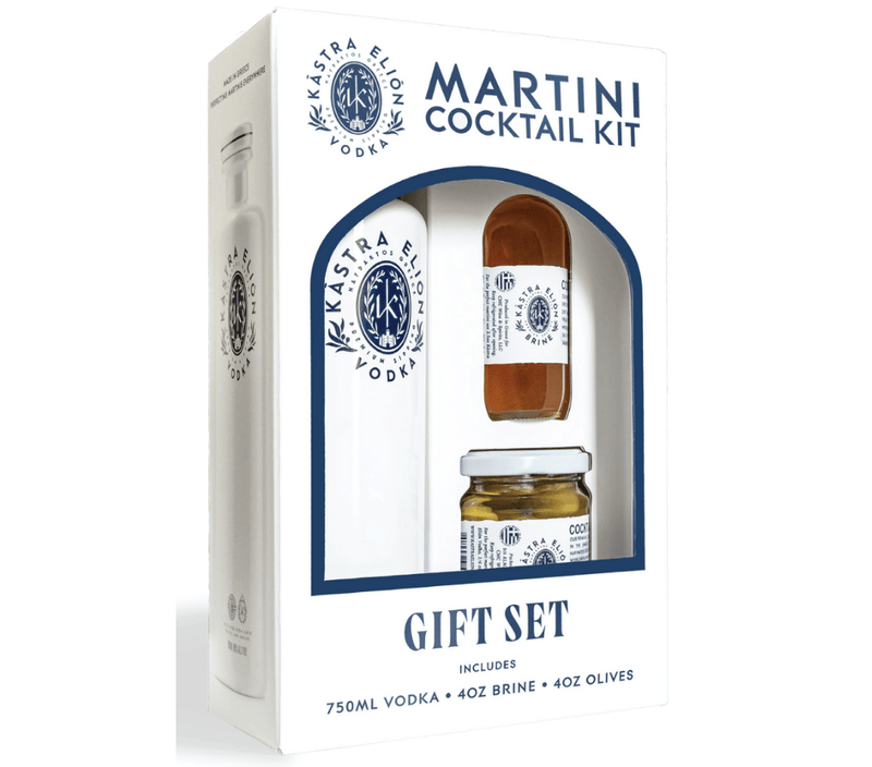 Kastra Elion Vodka Martini Cocktail Gift Set (750mL Vodka + 4oz Brine + 4oz Olives) Kastra