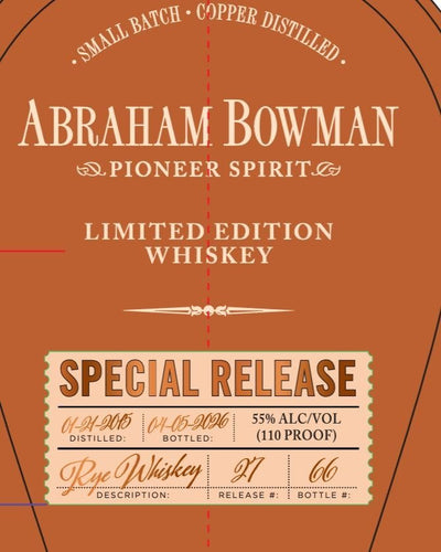 Abraham Bowman Pioneer Spirit Limited Edition Rye Whiskey Batch 27 - Main Street Liquor