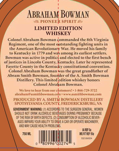 Abraham Bowman Pioneer Spirit Limited Edition Rye Whiskey Batch 27 - Main Street Liquor