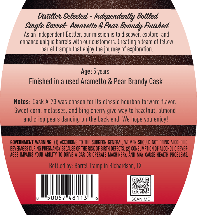 Barrel Tramp Straight Bourbon Whiskey Finished in Amaretto & Pear Brandy Casks Single Barrel Cask Strength - Main Street Liquor