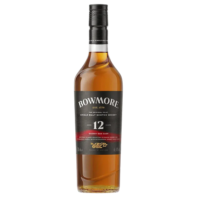 Bowmore 12 Year Sherry Oak Single Malt Scotch Whisky bottle, 700mL, showcasing rich amber color and distinctive label.