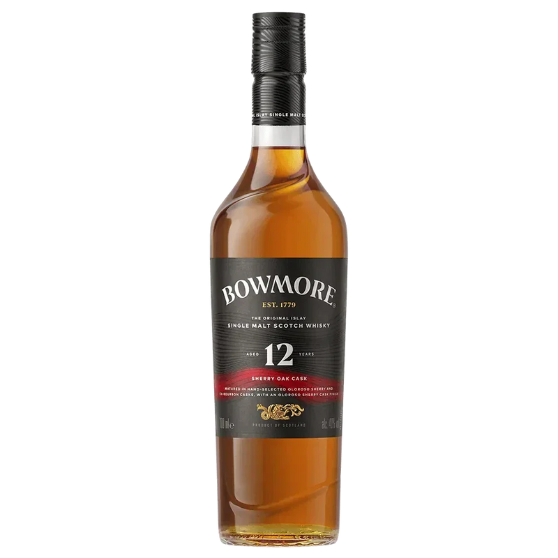 Bowmore 12 Year Sherry Oak Single Malt Scotch Whisky bottle, 700mL, showcasing rich amber color and distinctive label.