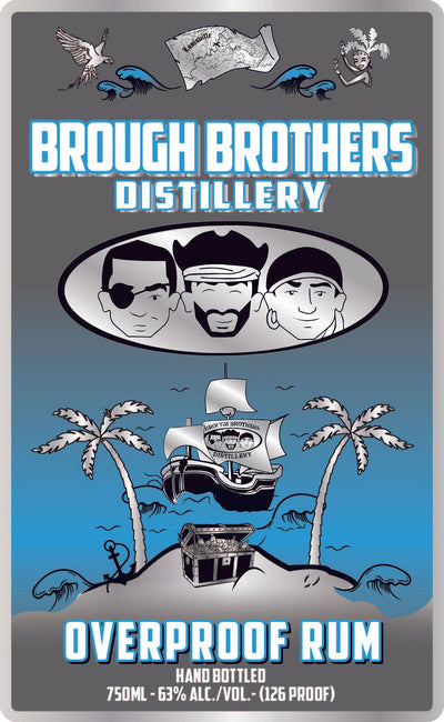 Brough Brothers Overproof Rum label featuring distillery logo and tropical design, showcasing 63% ABV and hand bottled details.