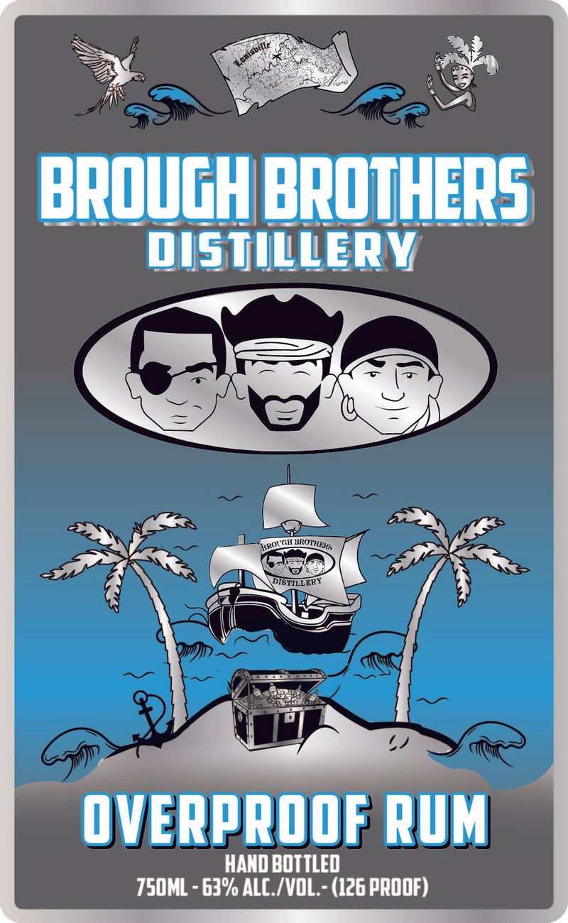 Brough Brothers Overproof Rum label featuring distillery logo and tropical design, showcasing 63% ABV and hand bottled details.