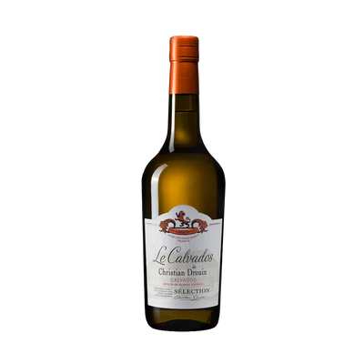 A bottle of Christian Drouin Calvados Sélection apple brandy with a white label and orange cap is shown against a plain white background.