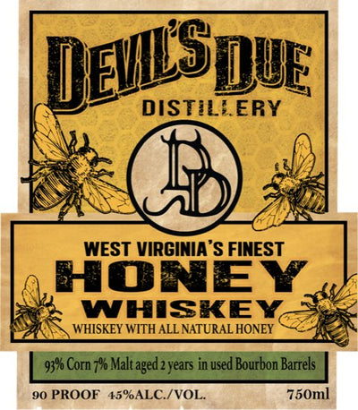 Devil's Due Honey Whiskey label showcasing West Virginia's finest craft spirit aged in bourbon barrels.