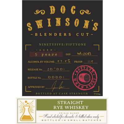 Doc Swinson’s Blenders Cut Ninetyfive/Fiftyone Straight Rye - Main Street Liquor
