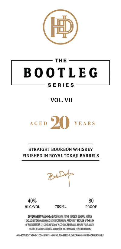 Label for Heaven's Door Whiskey The Bootleg Series Vol. VII 20 Year Bourbon Finished in Royal Tokaji Barrels, features gold logo, 40% ABV, 700ml bottle, and signature.