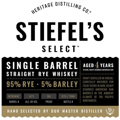 Heritage Distilling Stiefel’s Select Straight Rye Whiskey - Main Street Liquor