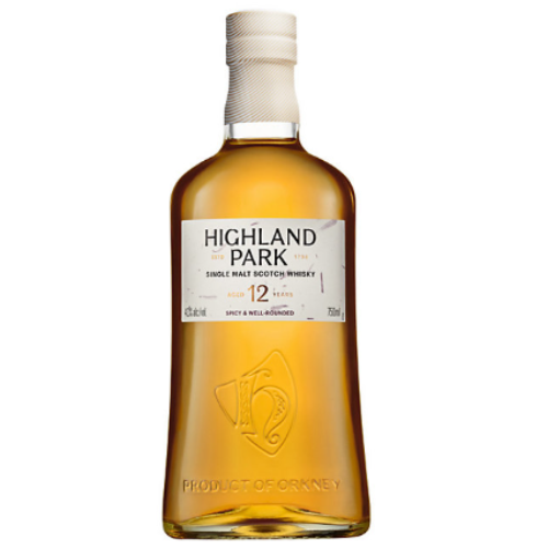A bottle of Highland Park 12 Year Old by Highland Park, featuring a white label, gold liquid, textured cap, and decorative emblem—renowned for its balanced smoky peat notes.