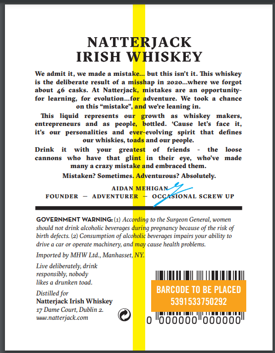 Natterjack Irish Whiskey The Mistake - Heavily Oaked 700ml 46% ABV - Main Street Liquor