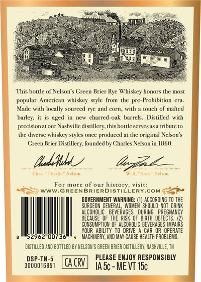 Nelson's Green Brier Rye Whiskey 750ml - Main Street Liquor