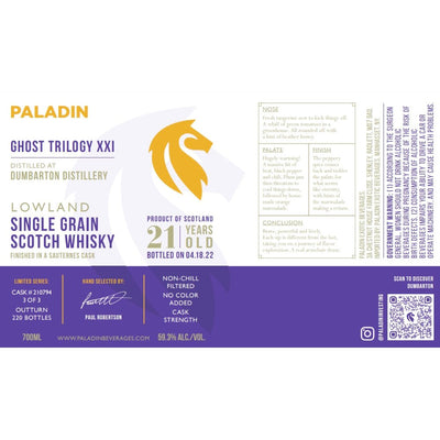 Paladin Ghost Trilogy XXI Dumbarton Distillery 21 Year Old Sauternes Cask 2022 - Main Street Liquor
