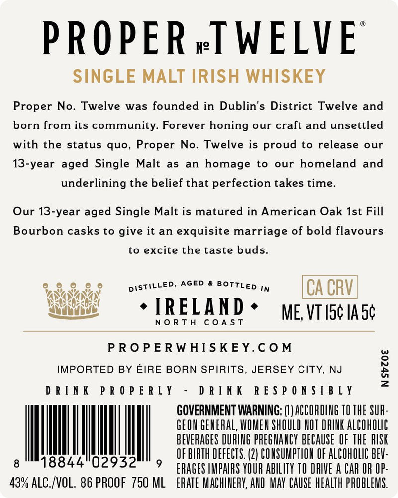 Proper No. Twelve 13 Year Old Single Malt Irish Whiskey Limited Release No. 01 - Main Street Liquor