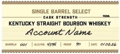 A beige label reads: Heaven's Door Whiskey, Single Barrel Select Kentucky Straight Bourbon Whiskey, Cask Strength. Details: Barrel 001, 45% Alc/Vol (90 Proof), Date 01/02/16. "Account Name" appears in a handwritten style.
