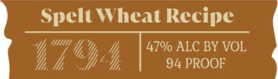 Brown label with tan and white text reads: “Spelt Wheat Recipe 1794 | 47% ALC BY VOL, 94 PROOF,” highlighting Buffalo Trace’s Daniel Weller 1794 Spelt Wheat Recipe Kentucky Straight Bourbon Whiskey.