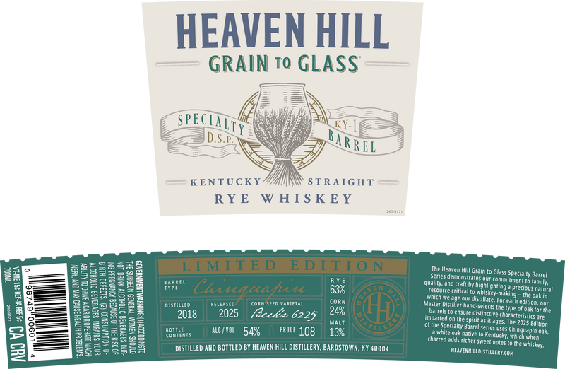 Heaven Hill Grain to Glass Rye Whiskey Chinquapin Oak Heaven Hill Distillery