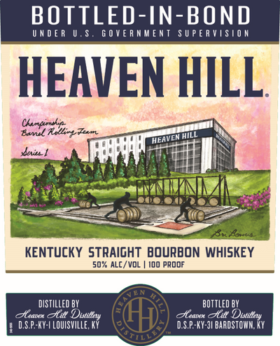 A vintage-style label features a barrel-rolling contest at Heaven Hill Distillery, with HEAVEN HILL in bold and details below highlighting the Heaven Hill Bottled in Bond Artist Series 7 Year Kentucky Straight Bourbon Whiskey.